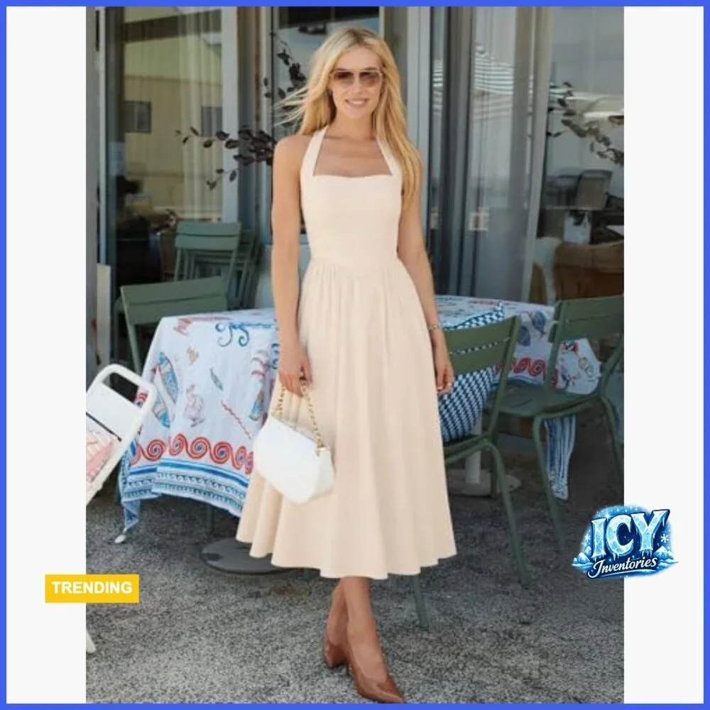 Sleeveless Halter Midi Dress Off Shoulder High Waist Flowy Beach Wedding Guest